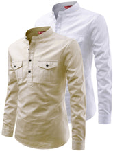 FireFish Men's Slim Fit Double Pocket Beige With White Cotton Short Kurta Pack 2