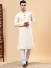 FireFish Men's Beige Solid Pure Cotton Chinese Collar Long Kurta Pajama Set