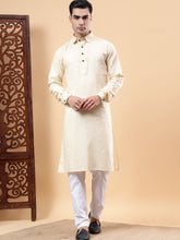 FireFish Men's Beige Solid Pure Cotton Spread Collar Long Kurta Pajama Set