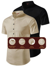FireFish Men's Slim Fit Beige with Black Color Pure Cotton Half Sleeve Short Kurta Pack 2