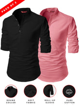 FireFish Men's Slim Fit Peach With Black Color Cotton Short Kurta Pack 2