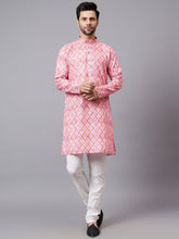 FireFish Men's Peach Self Printed Curve Line Crochet Fabric Long Kurta Set