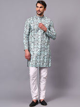 FireFish Men's Pista Self Leaf Printed Crochet Fabric Long Kurta Set
