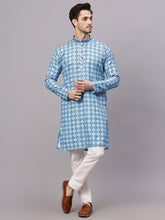 FireFish Men's Sky Blue Self Tringle Printed Crochet Fabric Thread Work Long Kurta Set