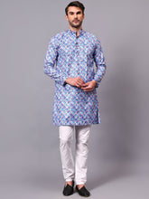 FireFish Men's Sky Blue Self Printed Florist Crochet Fabric Long Kurta Set