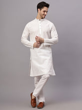 FireFish Men's White Solid Straight Cotton Long Kurta Set