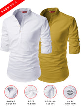 FireFish Men's Slim Fit Dark Yellow with White Color Cotton Short Kurta Pack 2