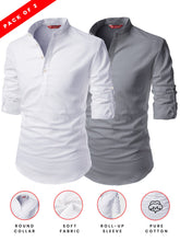 FireFish Men's Slim Fit Grey with White Color Cotton Short Kurta Pack 2