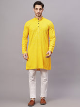 FireFish Men's Yellow Chikankari Embroidered Sequined Long Kurta Set