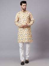 FireFish Men's Yellow Square Self Printed Water Effect Crochet Fabric Long Kurta Set