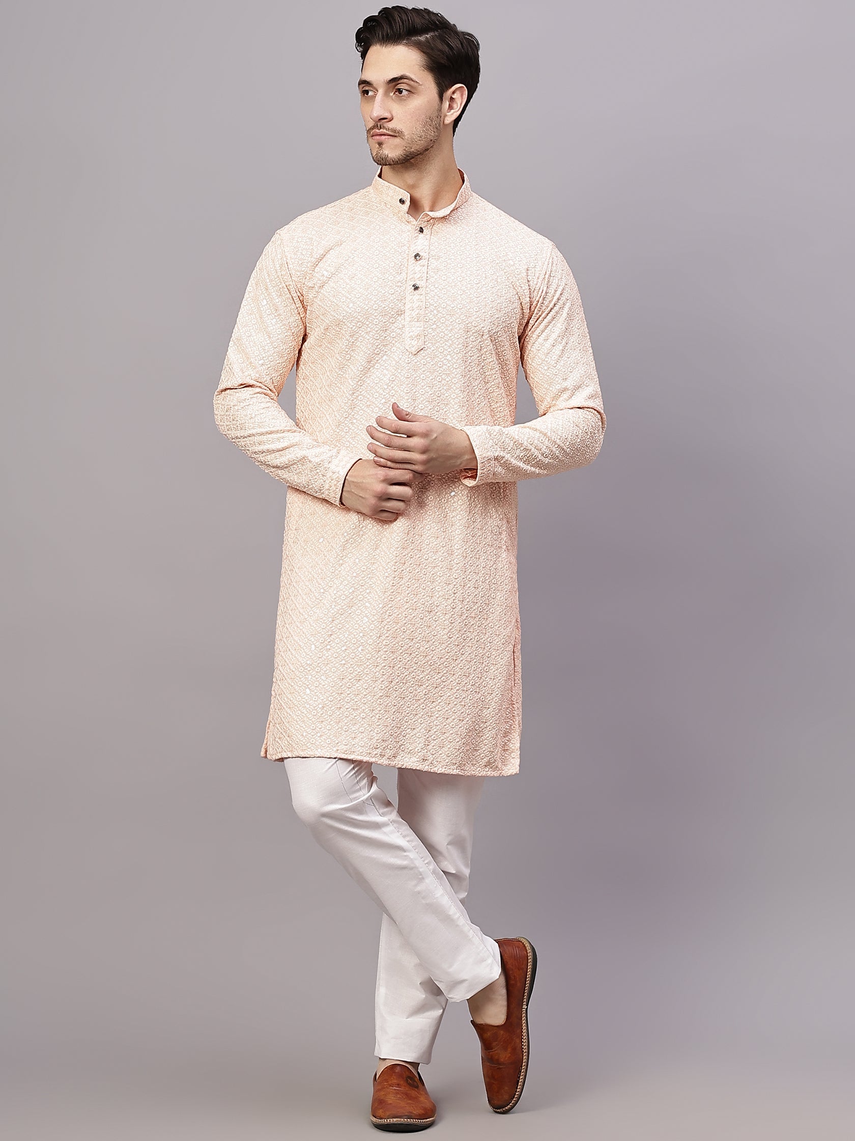FireFish Men's Pista Chikankari Florist Sequined Long Kurta Set