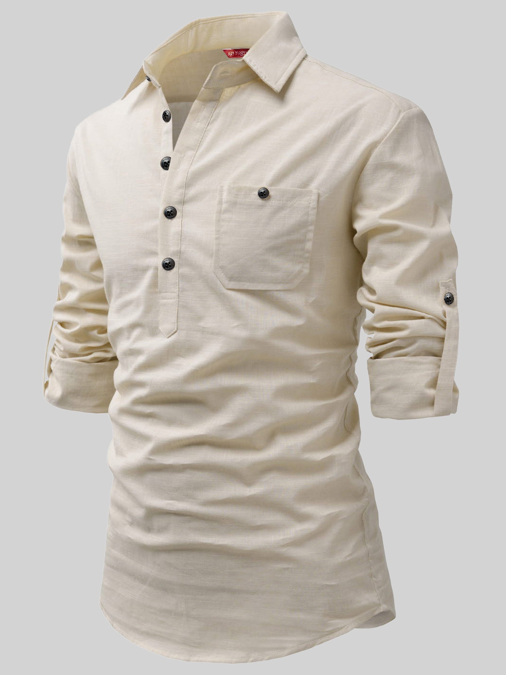 FireFish Men's Slim Fit Dark Teal With White Cotton Short Kurta Pack 2