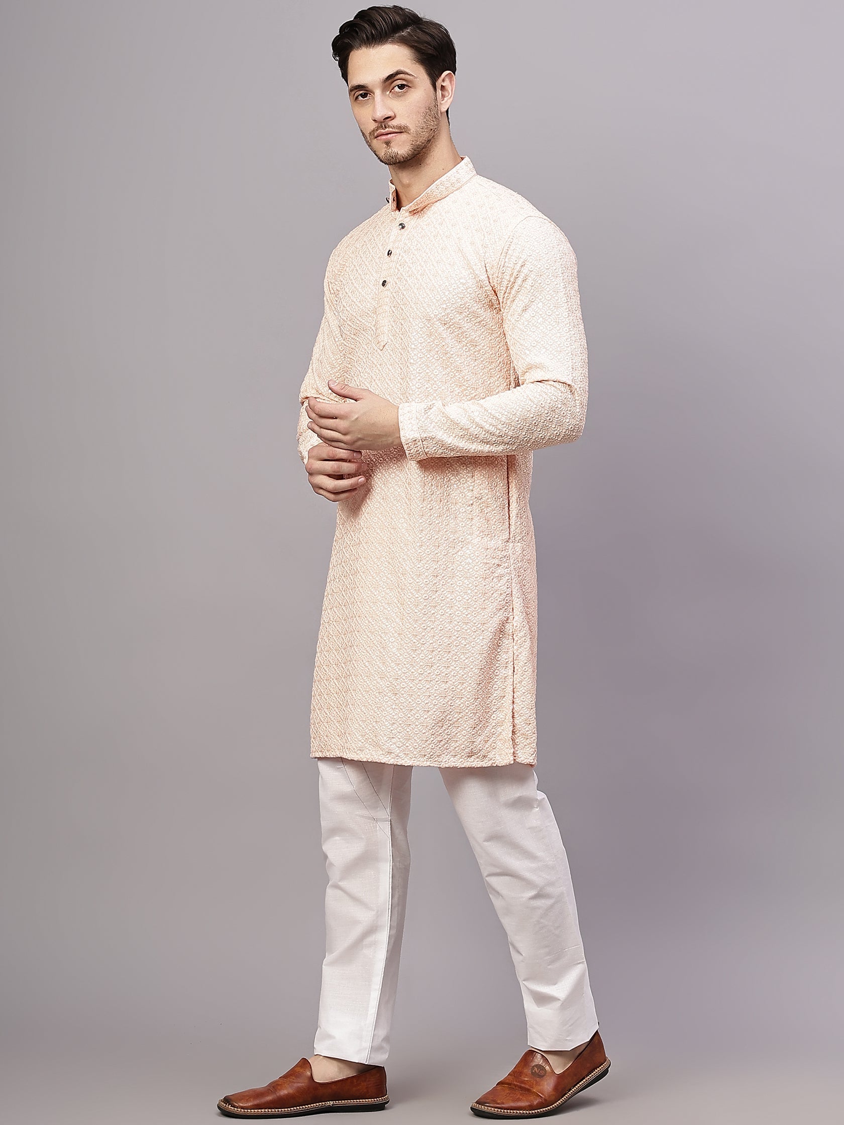FireFish Men's Pista Chikankari Florist Sequined Long Kurta Set