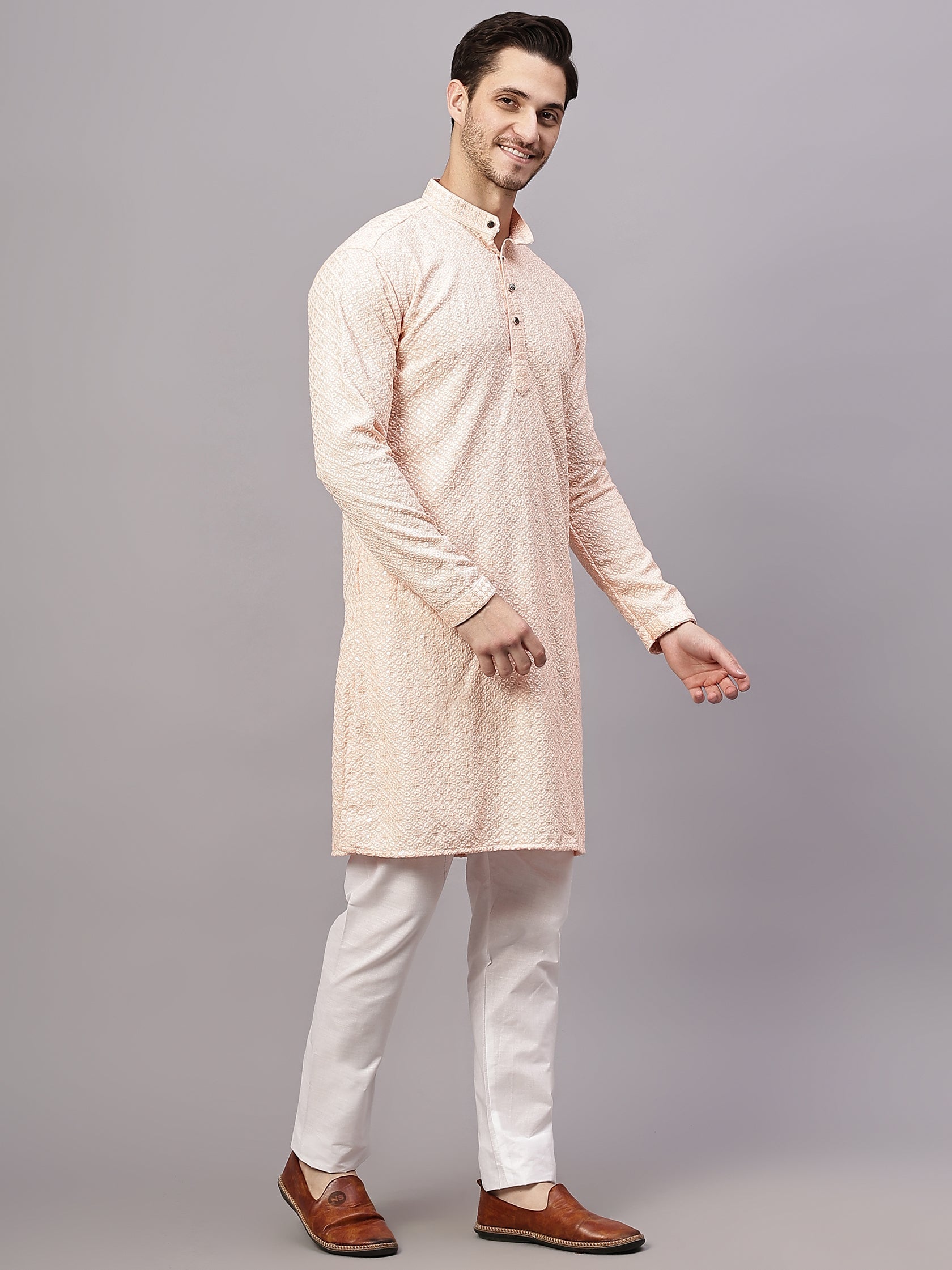 FireFish Men's Pista Chikankari Florist Sequined Long Kurta Set