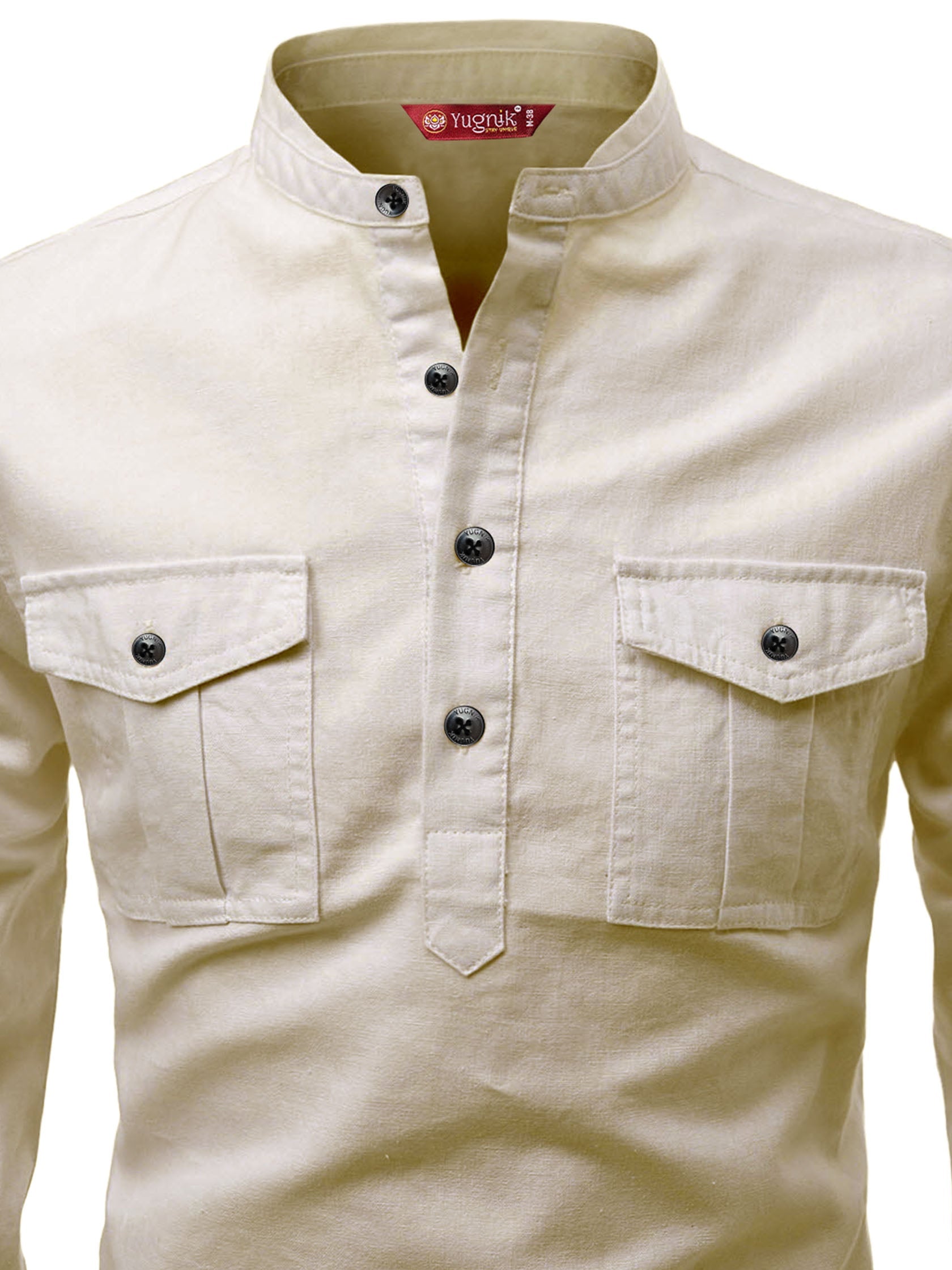 FireFish Men's Slim Fit Double Pocket Beige Color Pure Cotton Short Kurta