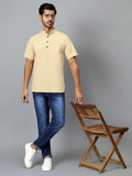 FireFish Men's Slim Fit Beige with White Color Pure Cotton Half Sleeve Short Kurta Pack 2