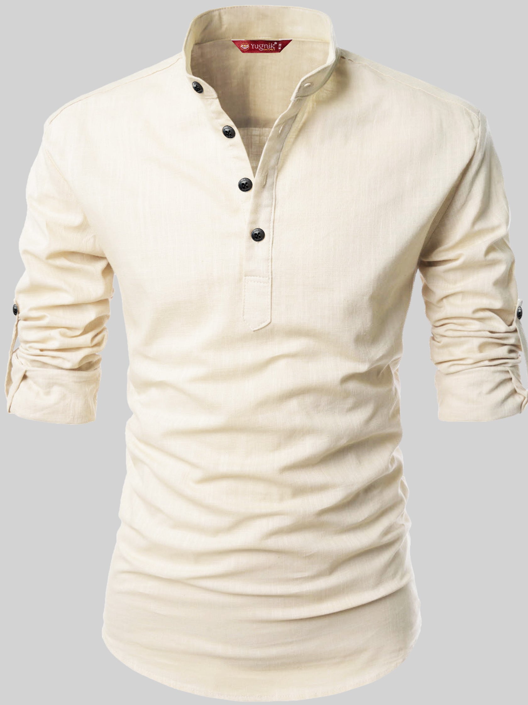 FireFish Men's Slim Fit Full Sleeve Yellow Cotton Short Kurta