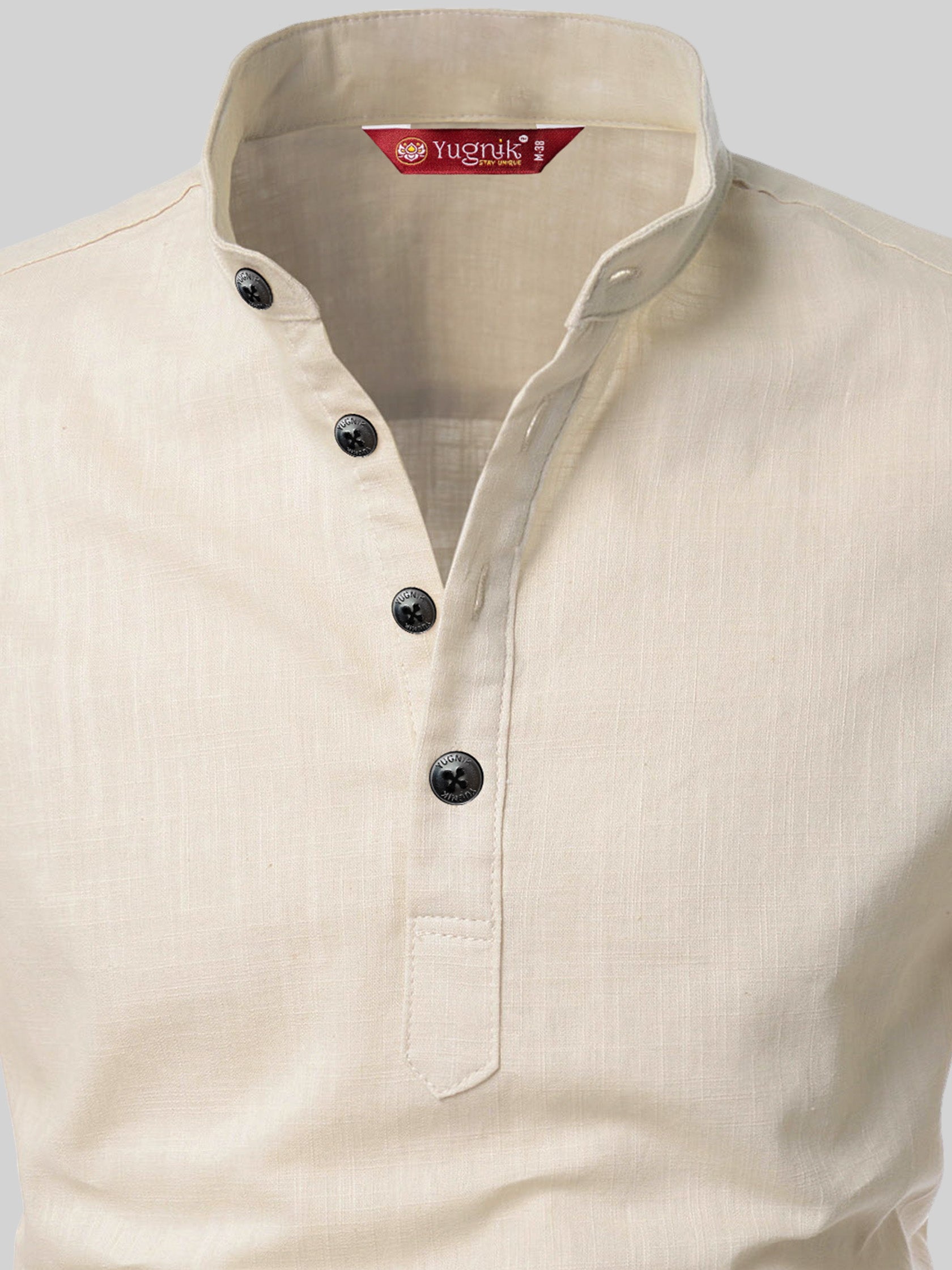 FireFish Men's Slim Fit Full Sleeve Yellow Cotton Short Kurta