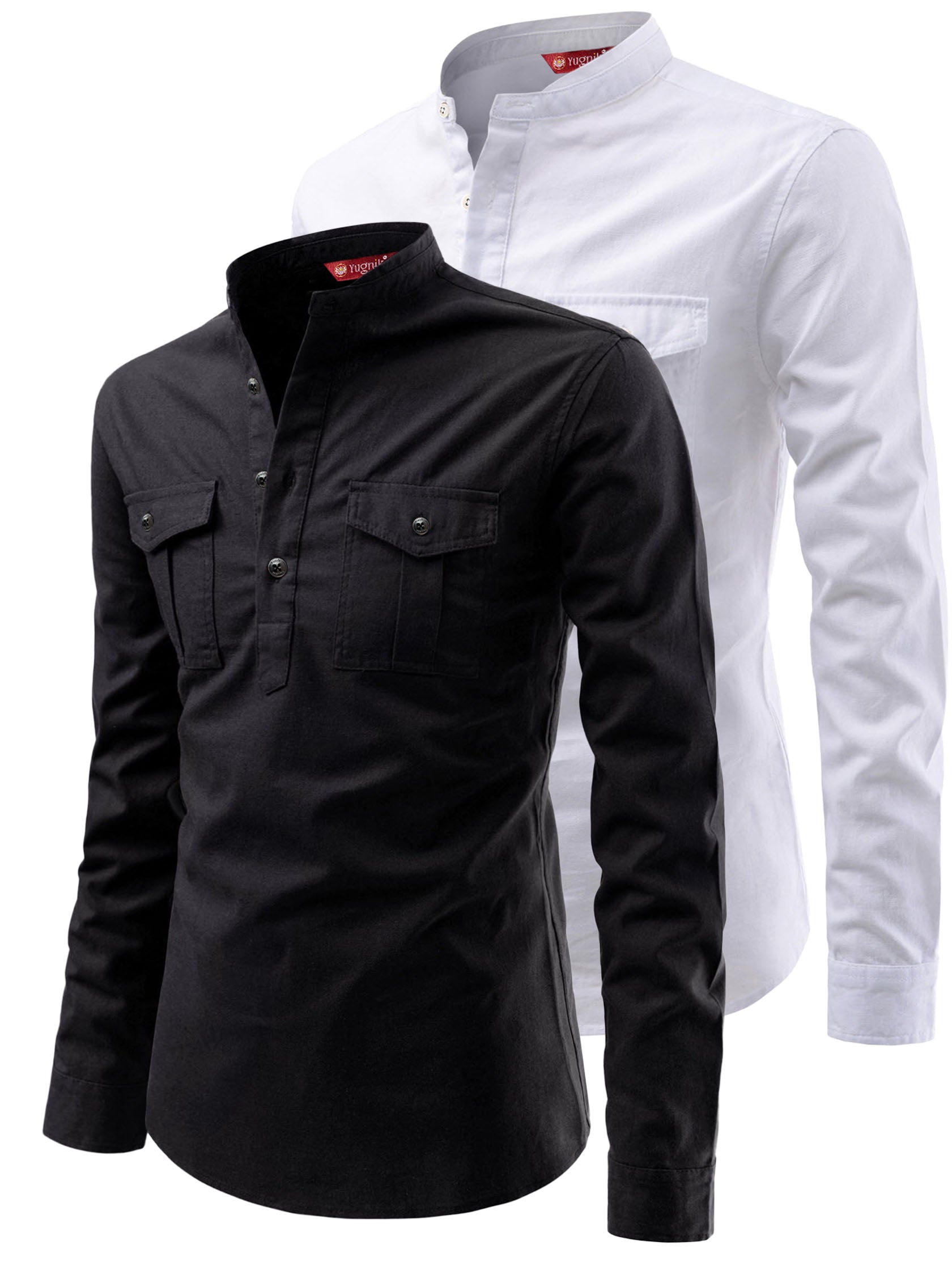 FireFish Men's Slim Fit Double Pocket Beige With White Cotton Short Kurta Pack 2