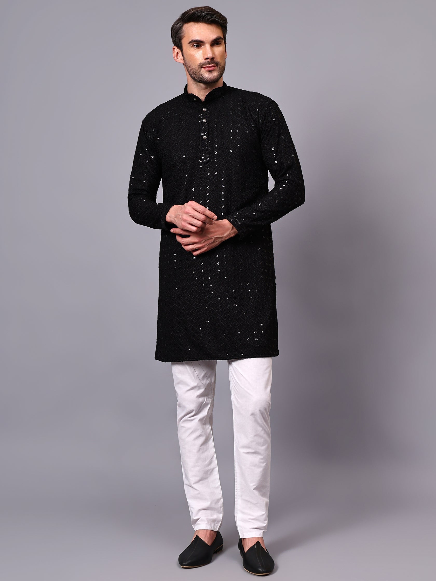 FireFish Men's Pista Chikankari Florist Sequined Long Kurta Set