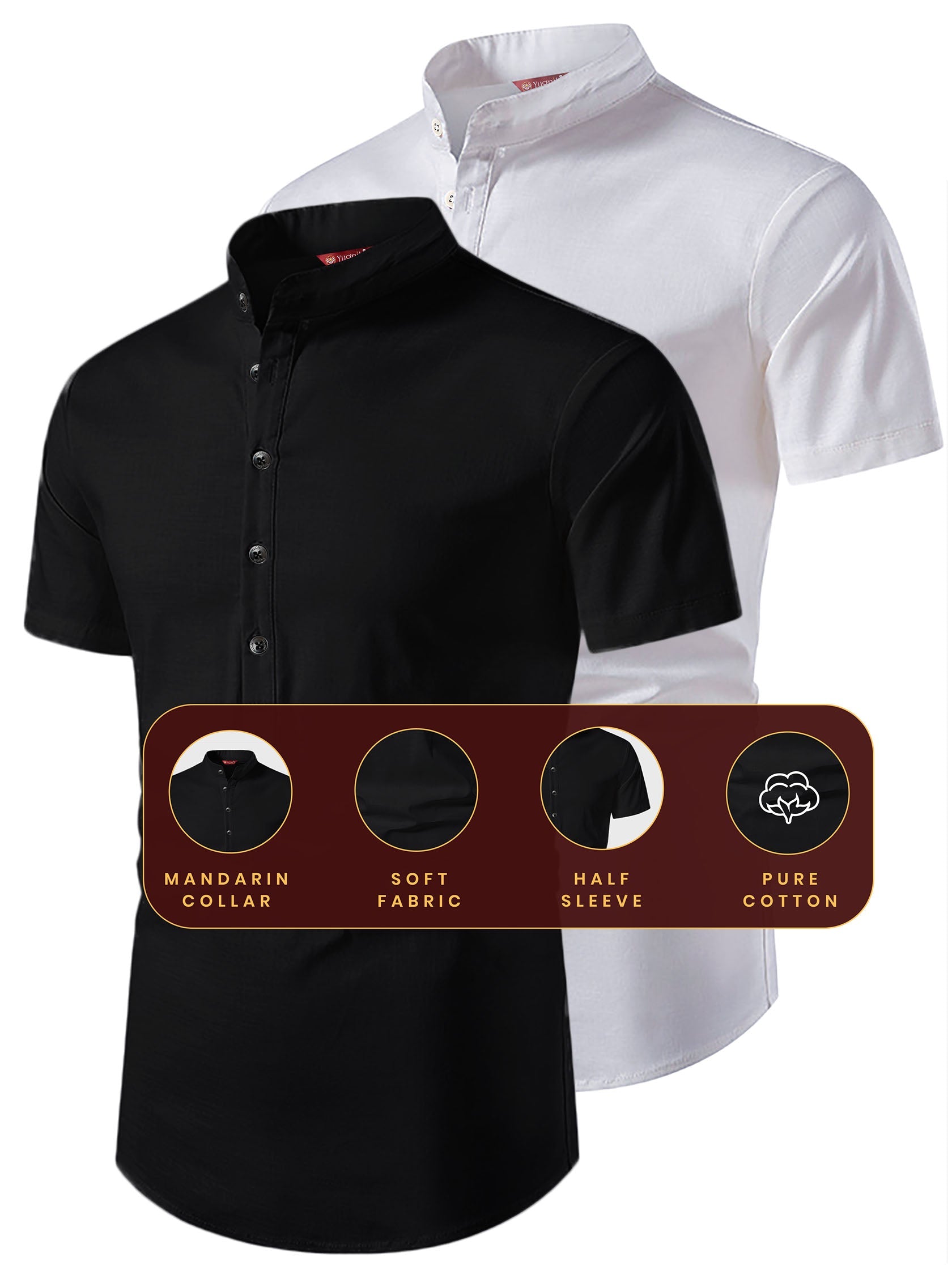 FireFish Men's Slim Fit Beige with White Color Pure Cotton Half Sleeve Short Kurta Pack 2