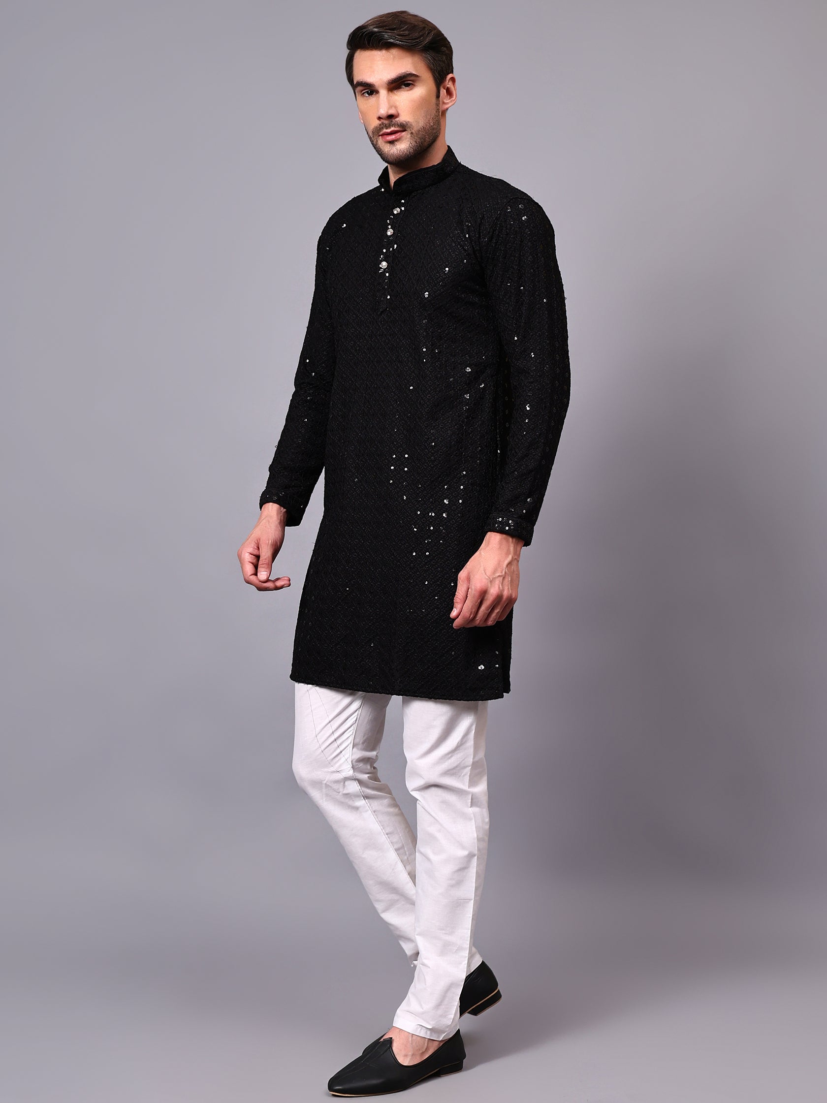FireFish Men's Pista Chikankari Florist Sequined Long Kurta Set