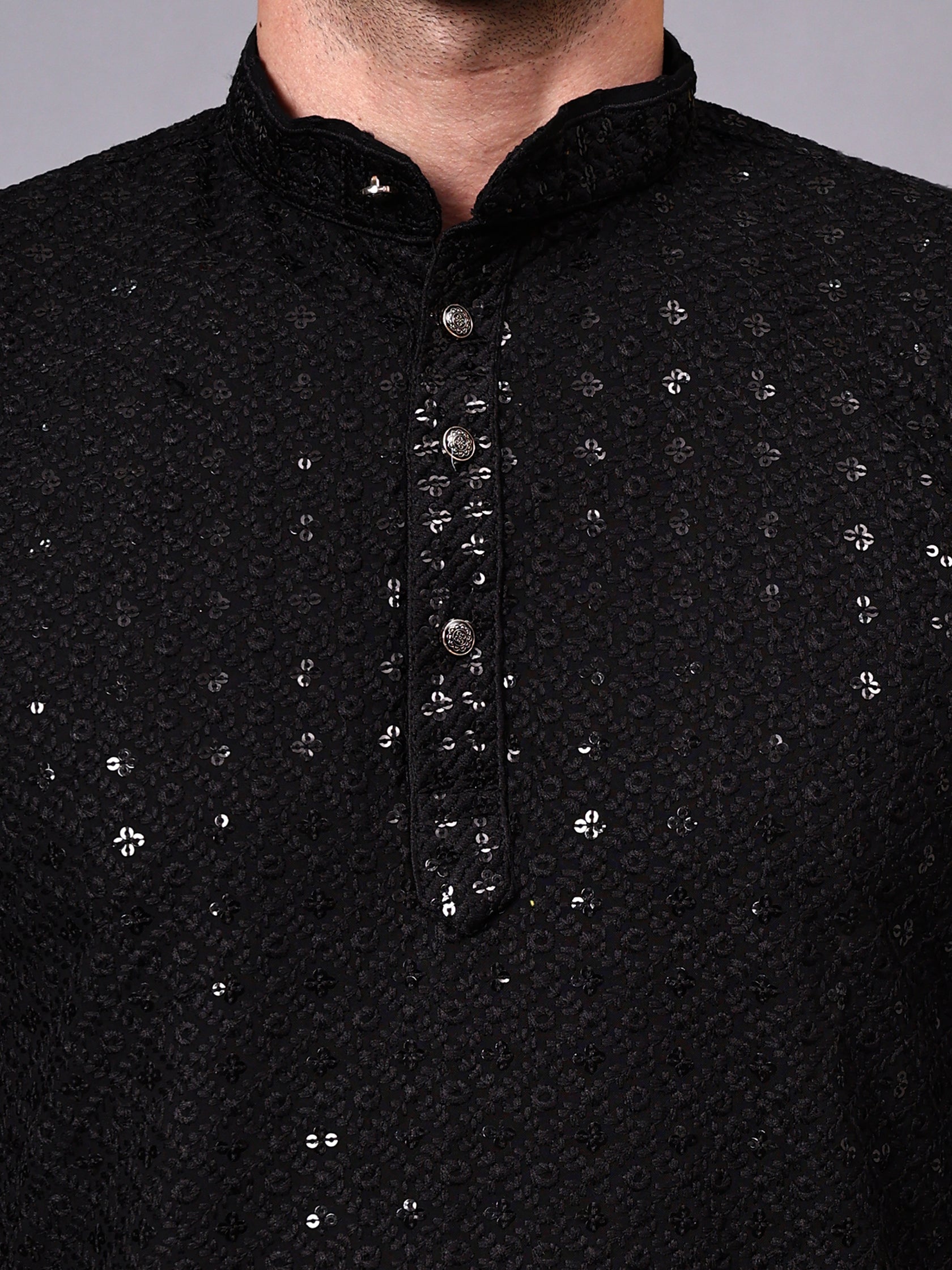 FireFish Men's Pista Chikankari Florist Sequined Long Kurta Set