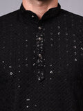 FireFish Men's Pista Chikankari Florist Sequined Long Kurta Set