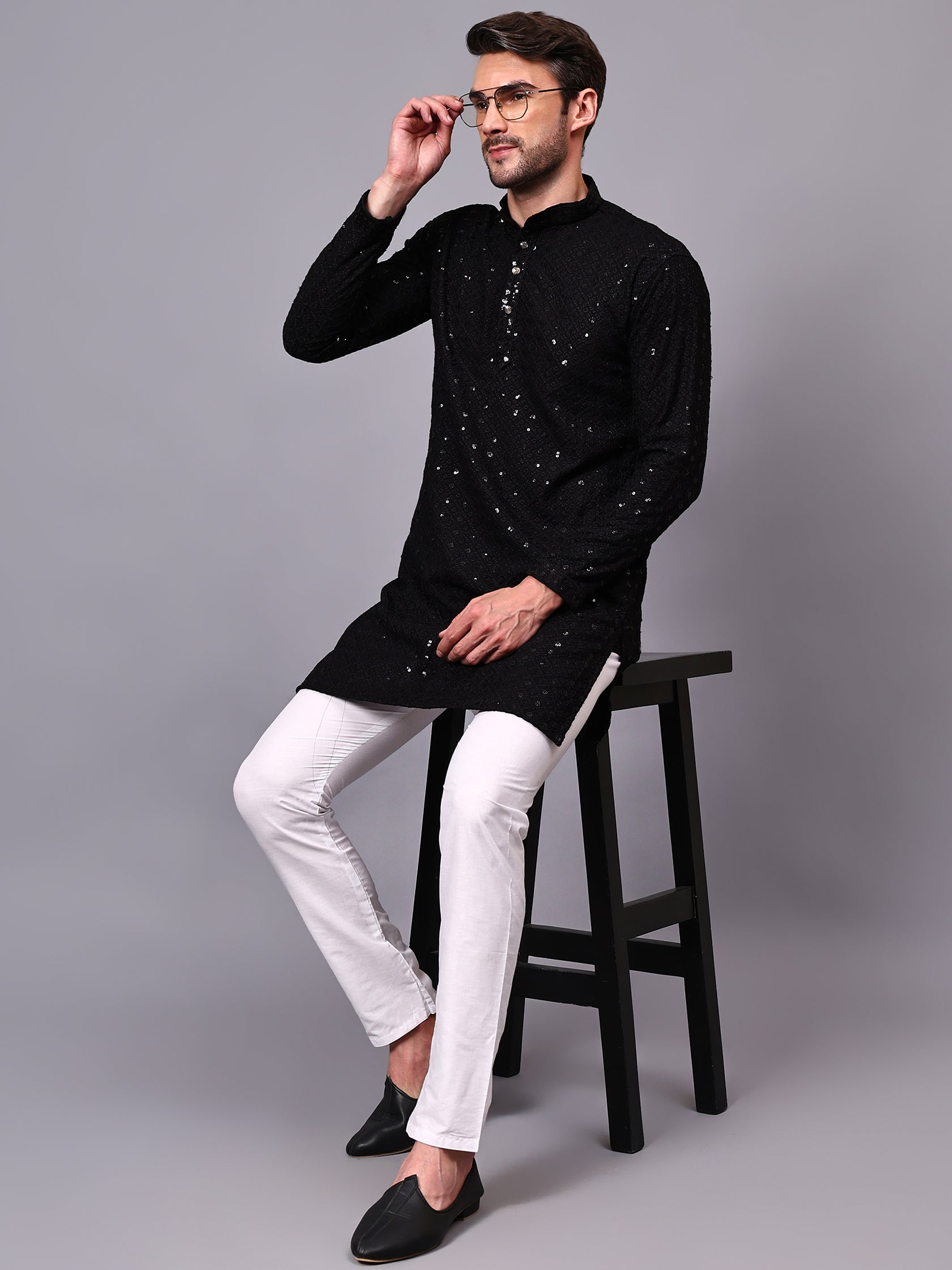 FireFish Men's Pista Chikankari Florist Sequined Long Kurta Set