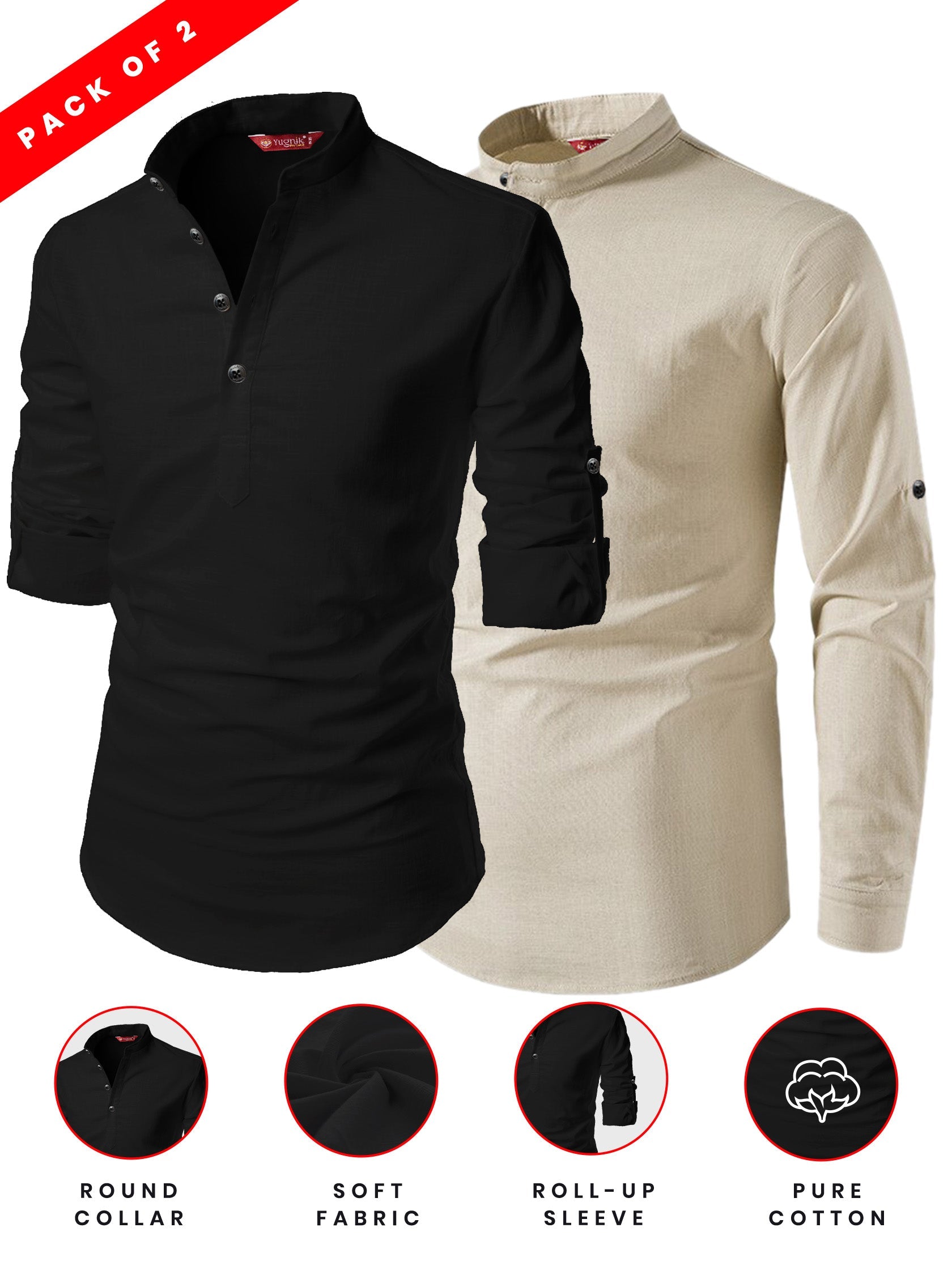FireFish Men's Slim Fit Peach With Black Color Cotton Short Kurta Pack 2