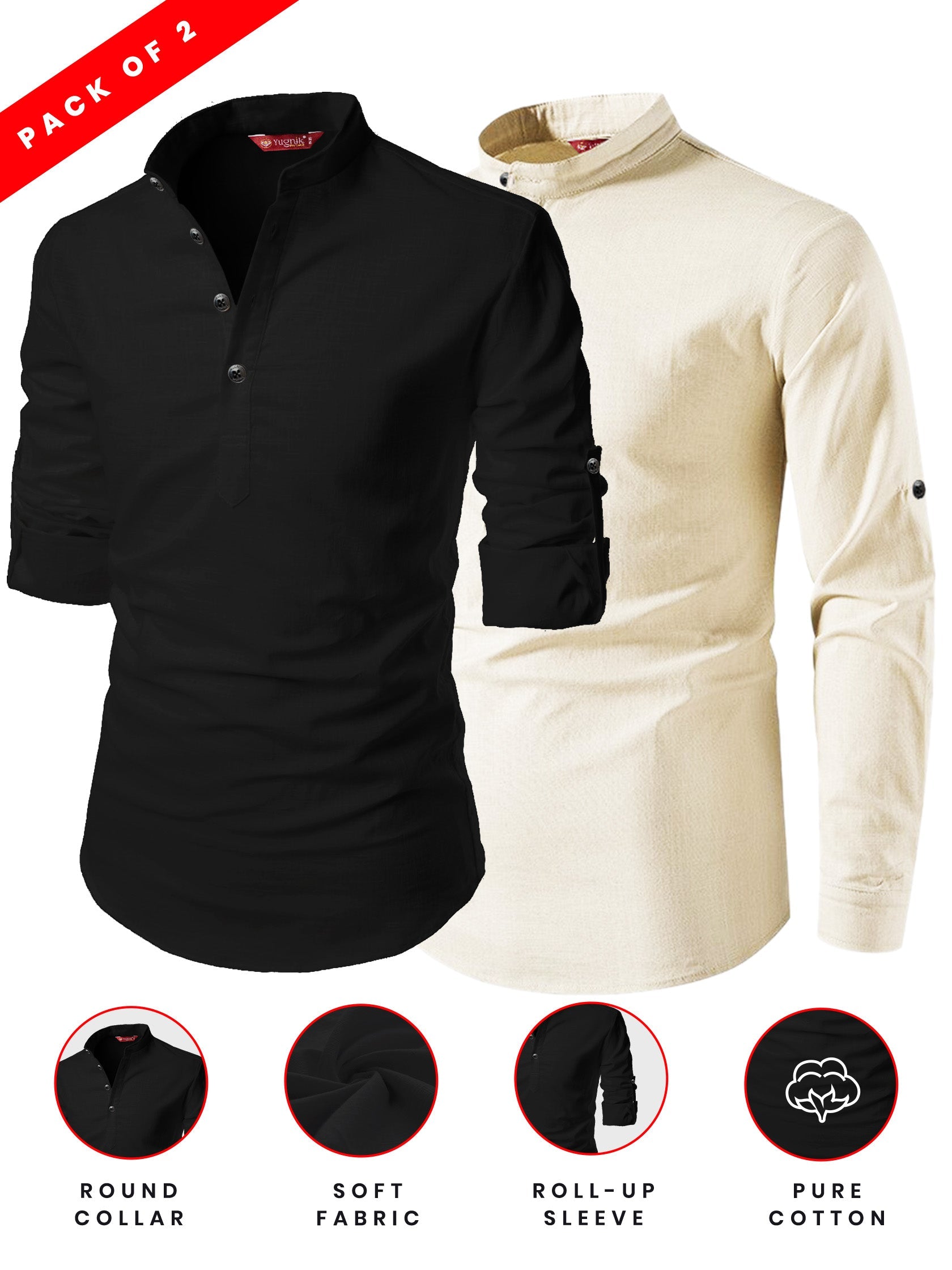 FireFish Men's Slim Fit Peach With Black Color Cotton Short Kurta Pack 2