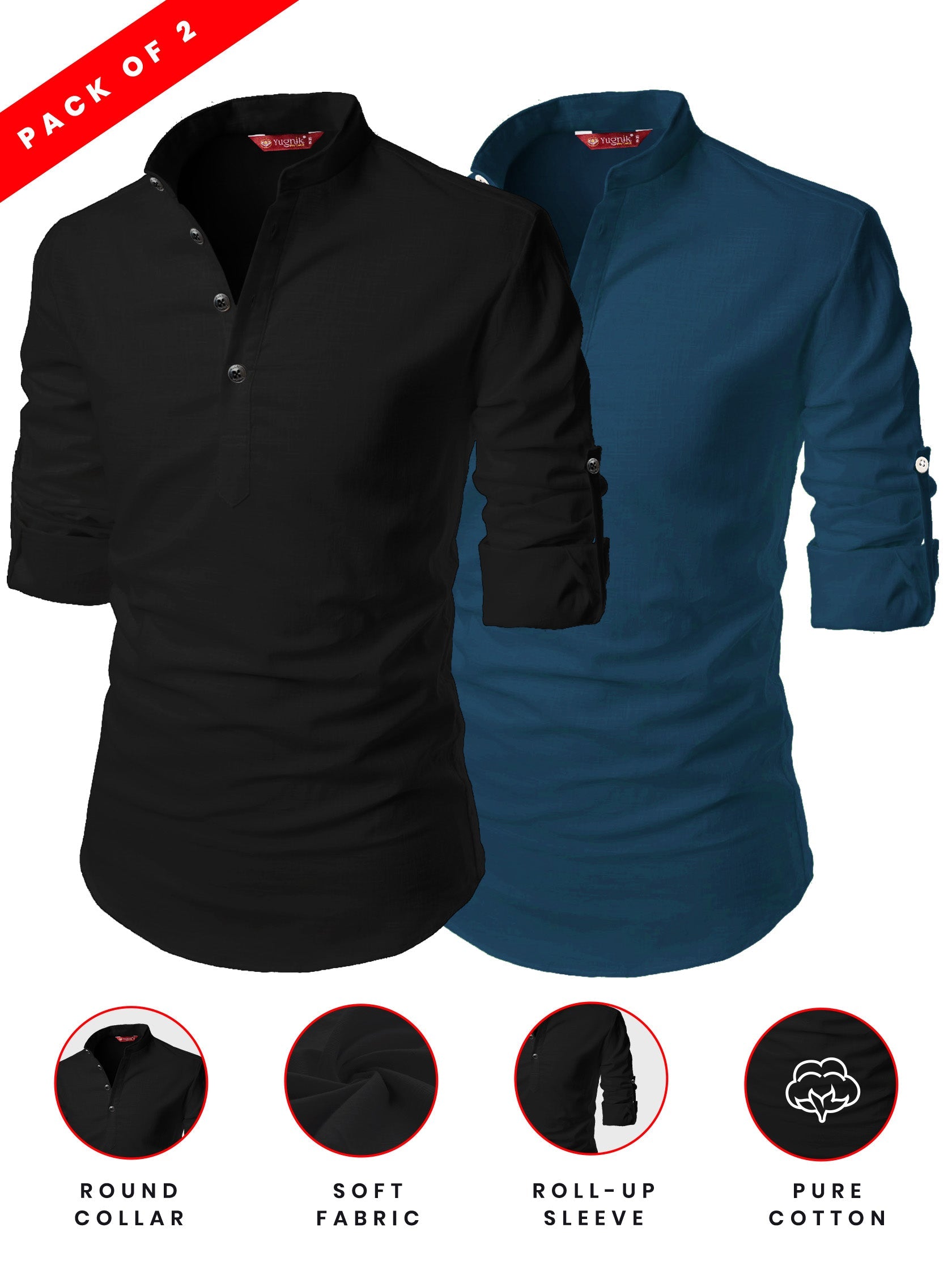 FireFish Men's Slim Fit Peach With Black Color Cotton Short Kurta Pack 2