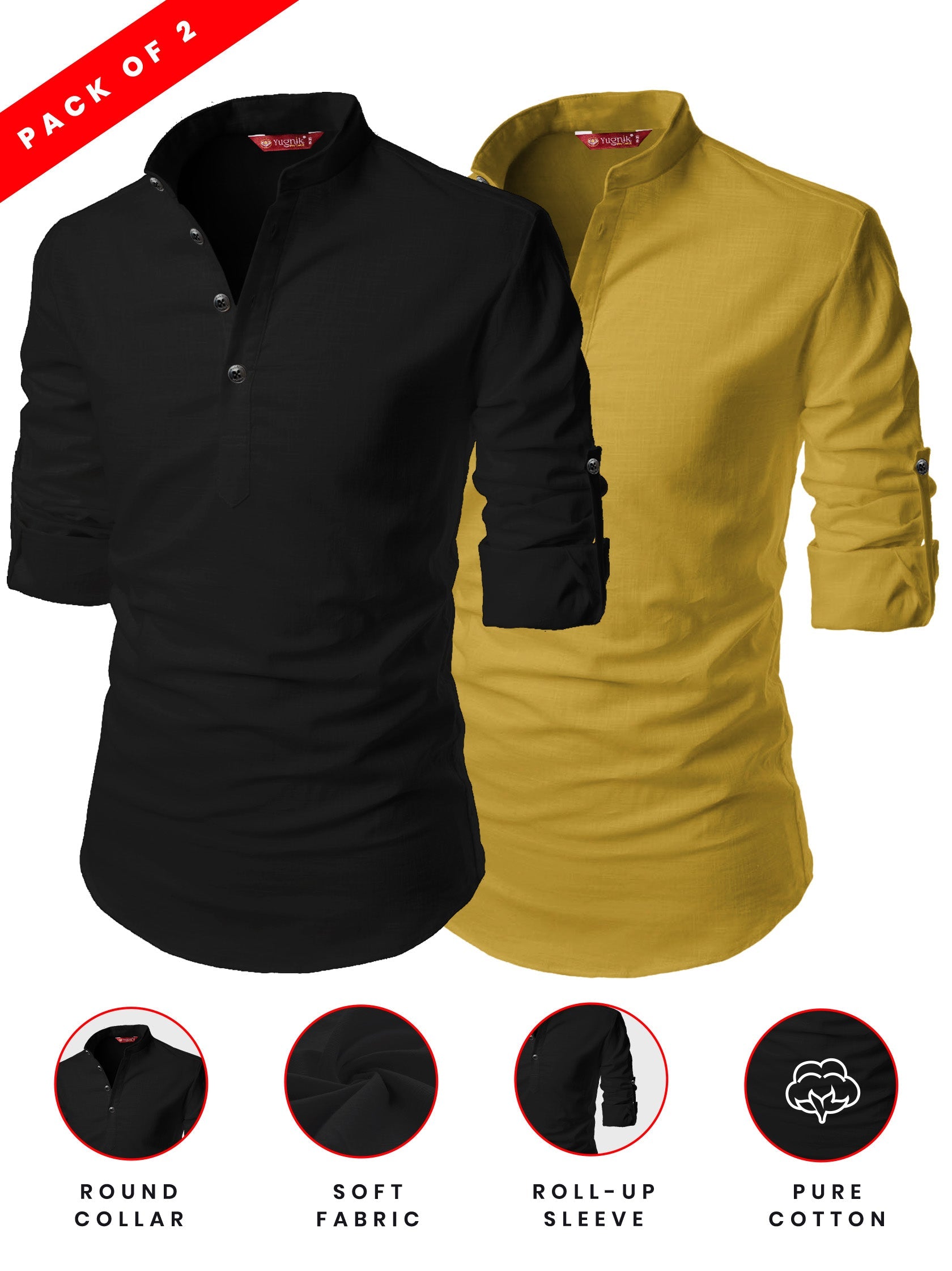 FireFish Men's Slim Fit Light Beige With Black Color Cotton Short Kurta Pack 2