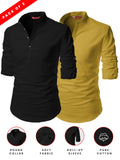 FireFish Men's Slim Fit Light Beige With Black Color Cotton Short Kurta Pack 2