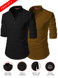 FireFish Men's Slim Fit Peach With Black Color Cotton Short Kurta Pack 2