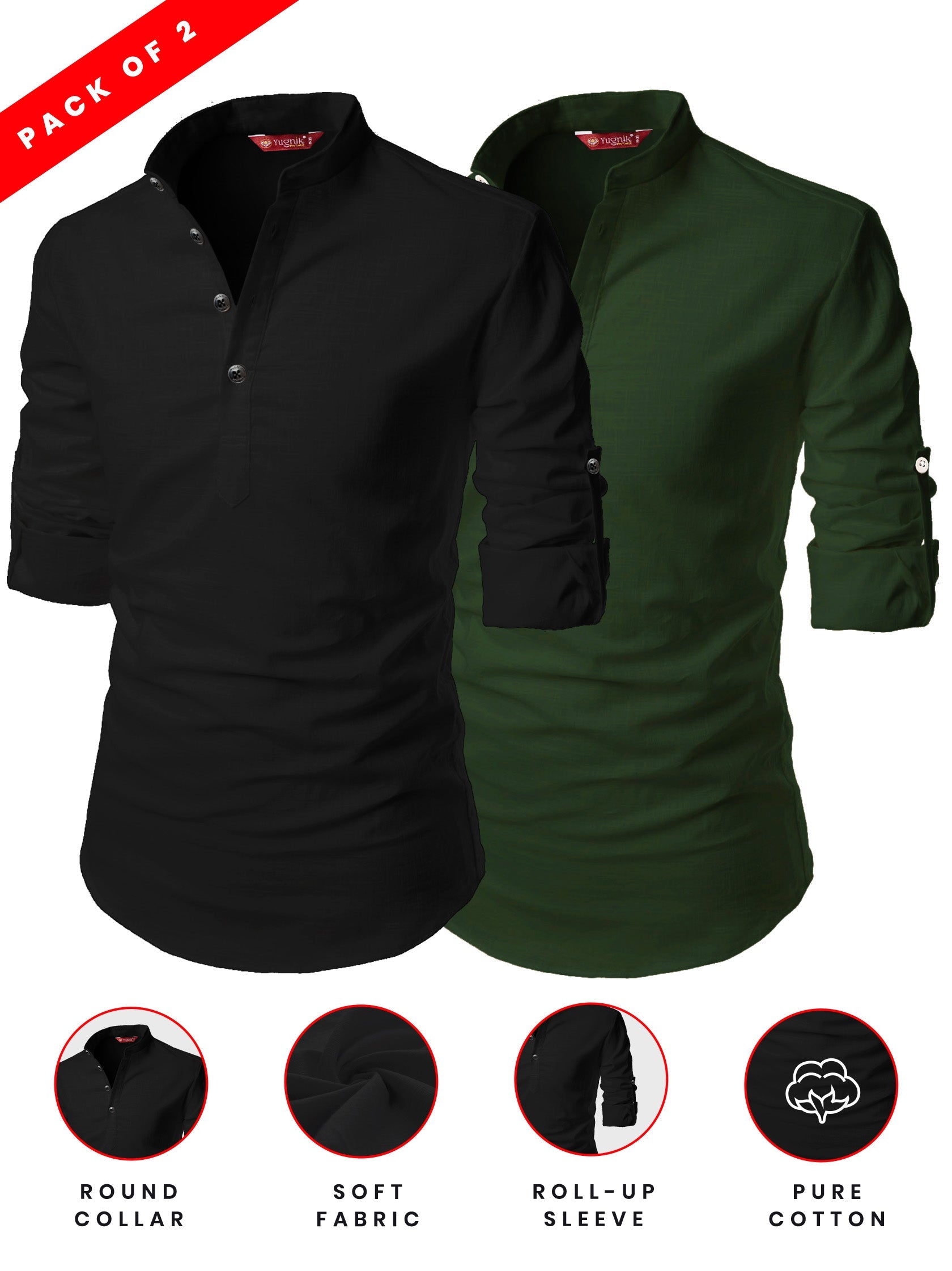 FireFish Men's Slim Fit Peach With Black Color Cotton Short Kurta Pack 2