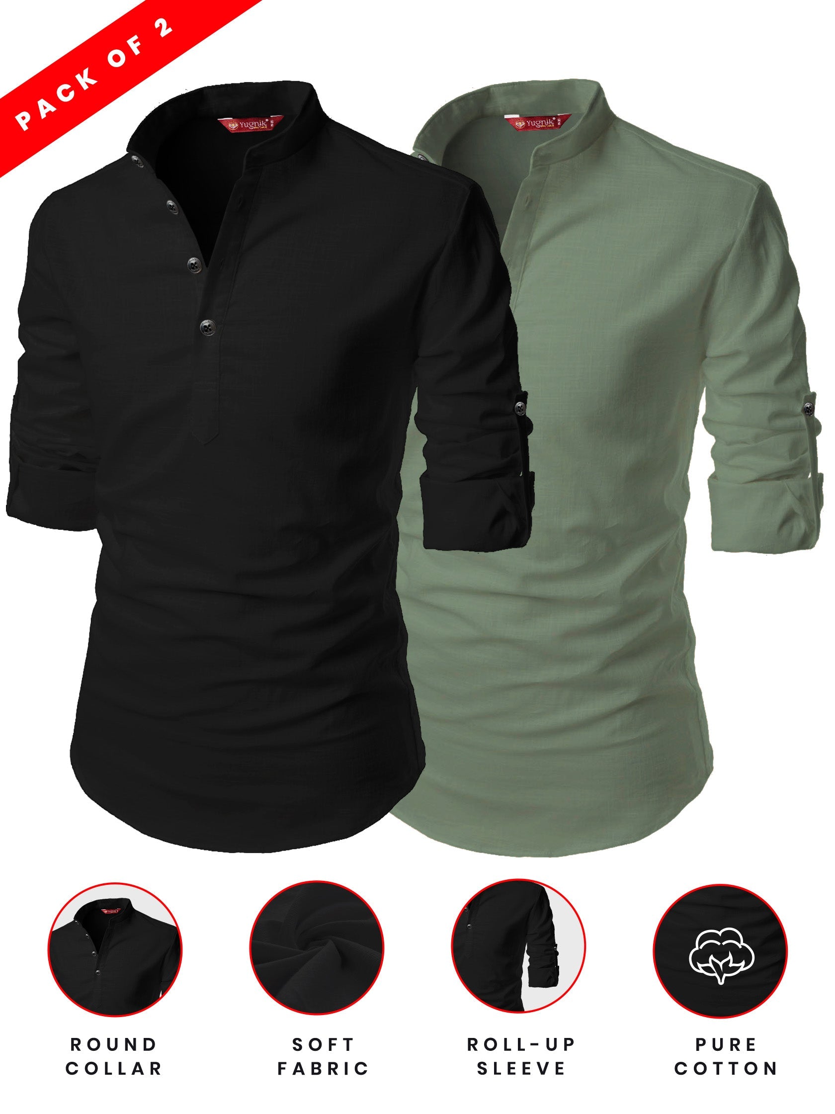 FireFish Men's Slim Fit Peach With Black Color Cotton Short Kurta Pack 2