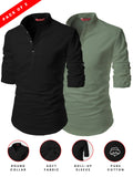 FireFish Men's Slim Fit Peach With Black Color Cotton Short Kurta Pack 2
