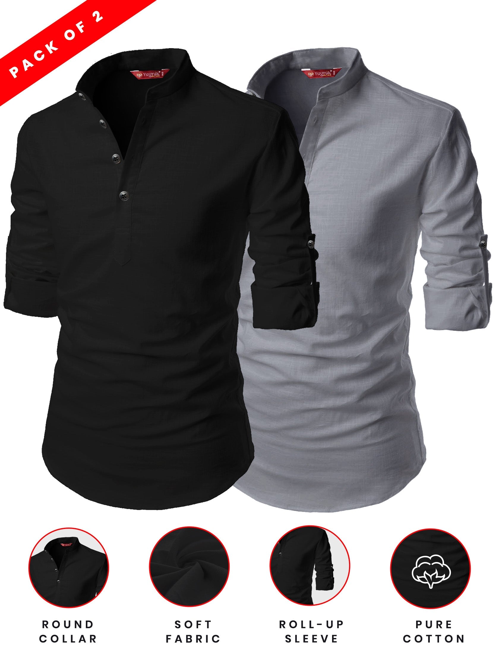 FireFish Men's Slim Fit Peach With Black Color Cotton Short Kurta Pack 2