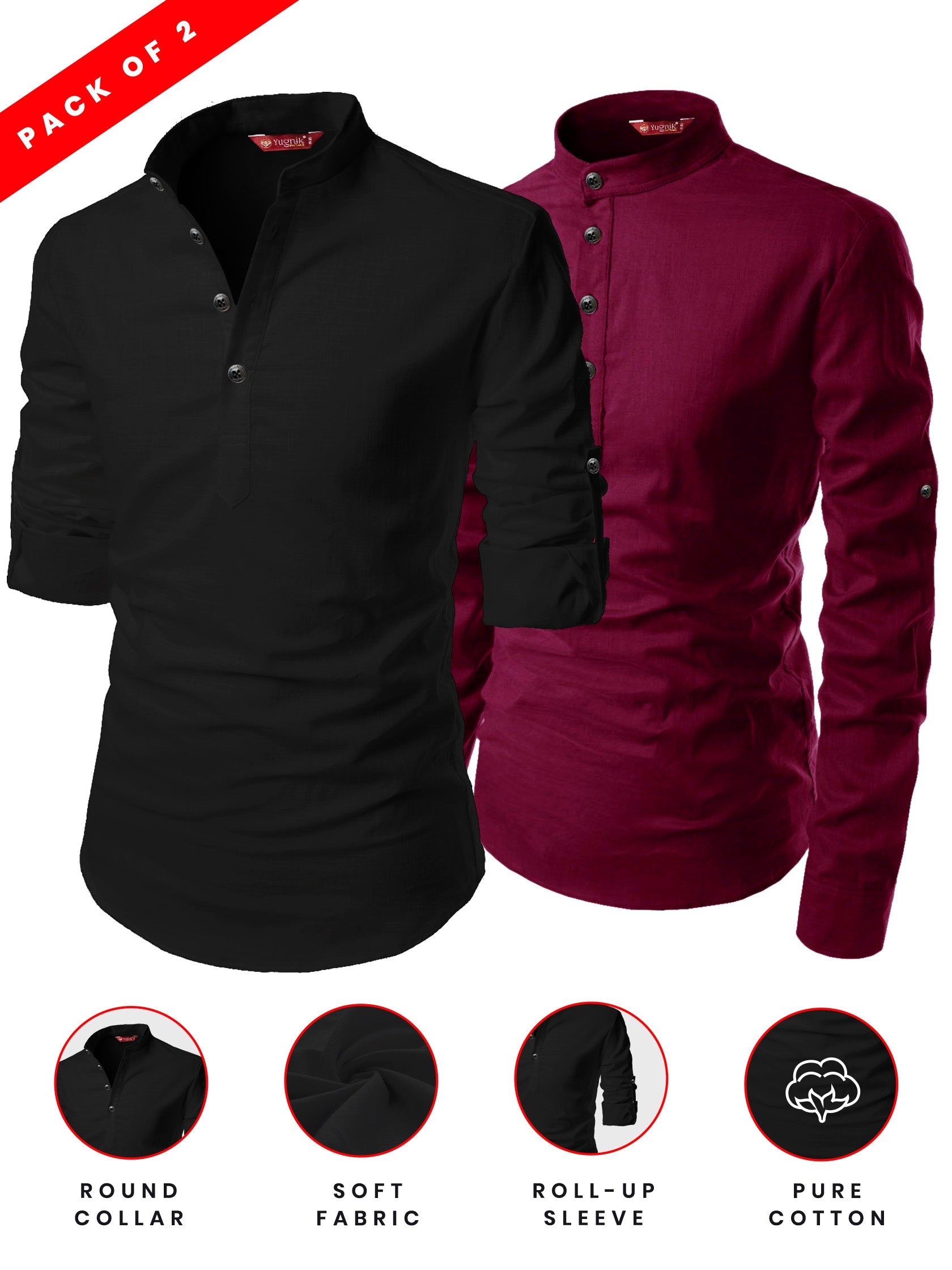 FireFish Men's Slim Fit Peach With Black Color Cotton Short Kurta Pack 2