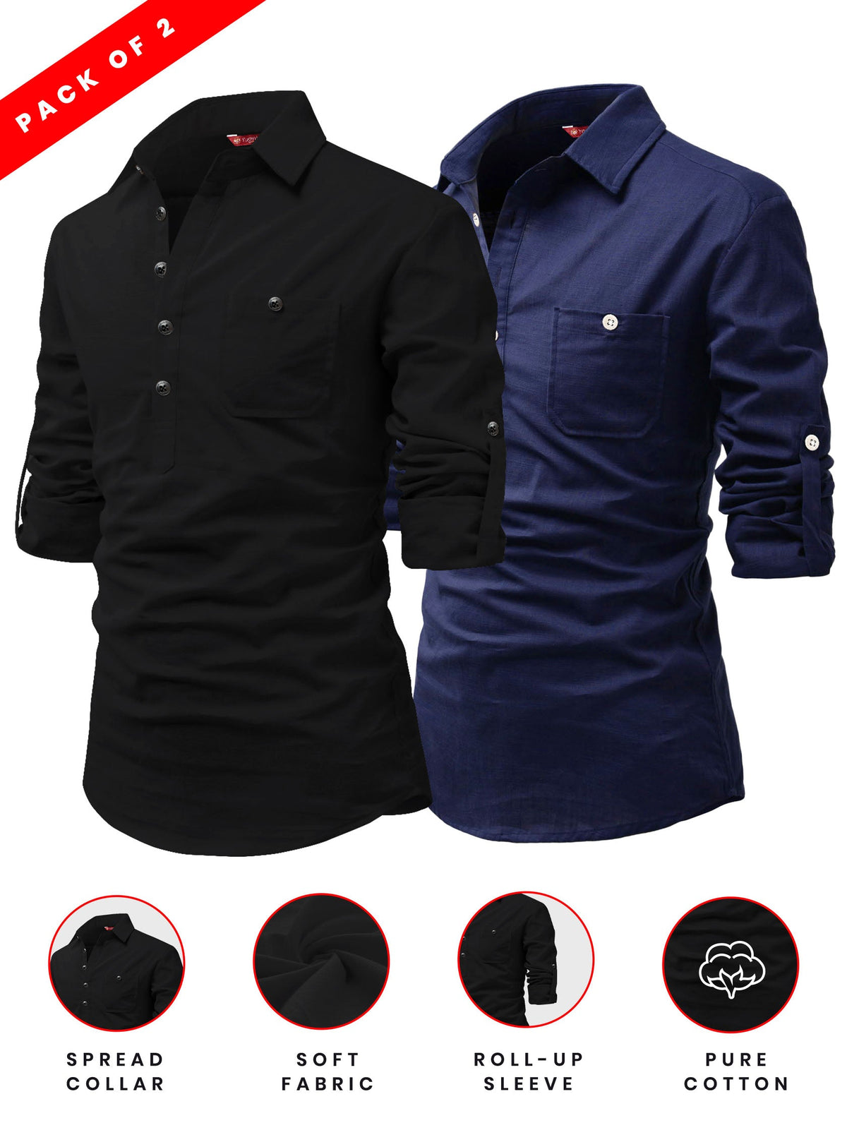 FireFish Men's Slim Fit Spread Collar Sky Blue & Black Color Cotton Short Kurta Pack 2