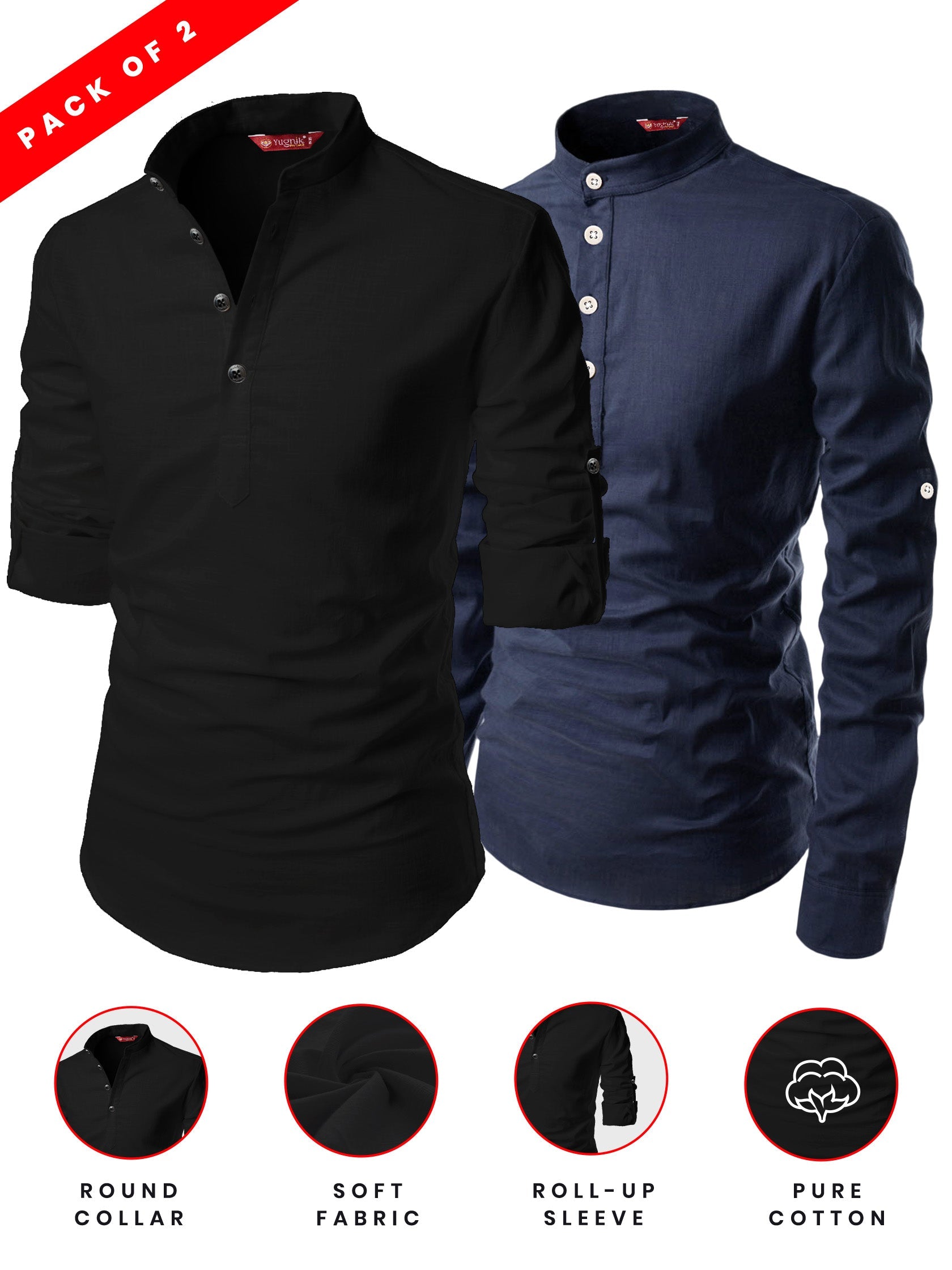 FireFish Men's Slim Fit Peach With Black Color Cotton Short Kurta Pack 2