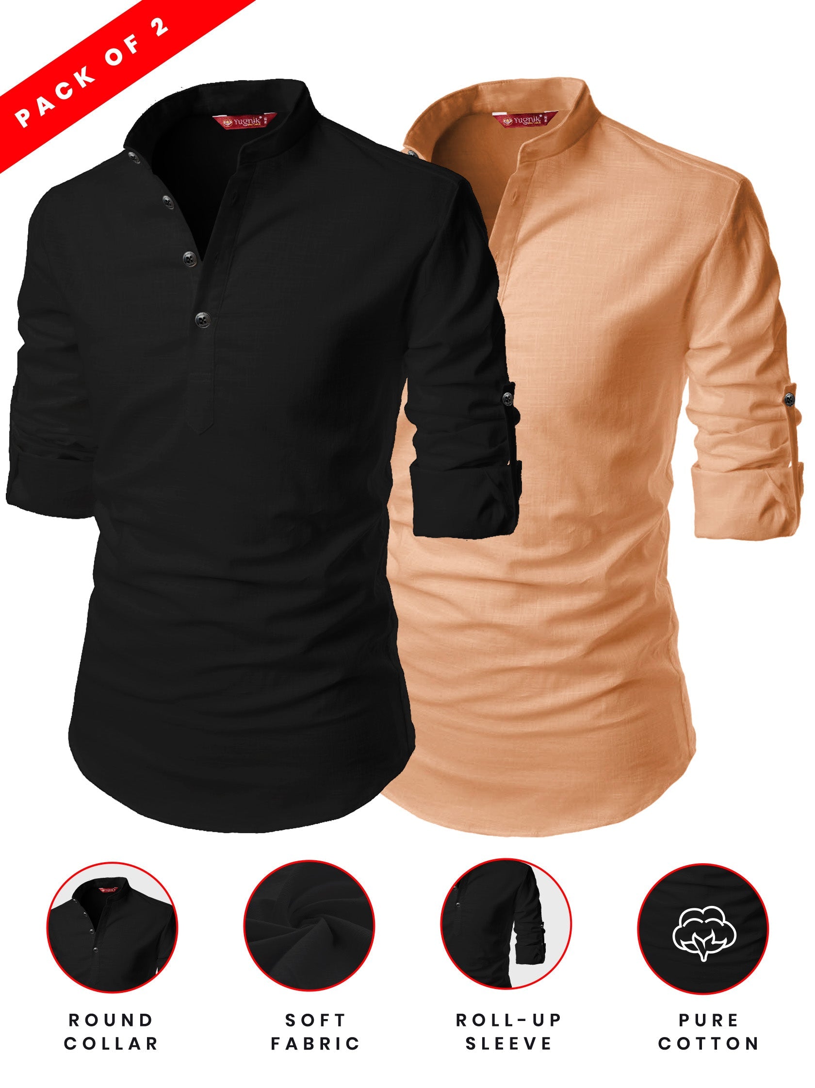 FireFish Men's Slim Fit Peach With Black Color Cotton Short Kurta Pack 2