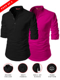 FireFish Men's Slim Fit Light Beige With Black Color Cotton Short Kurta Pack 2