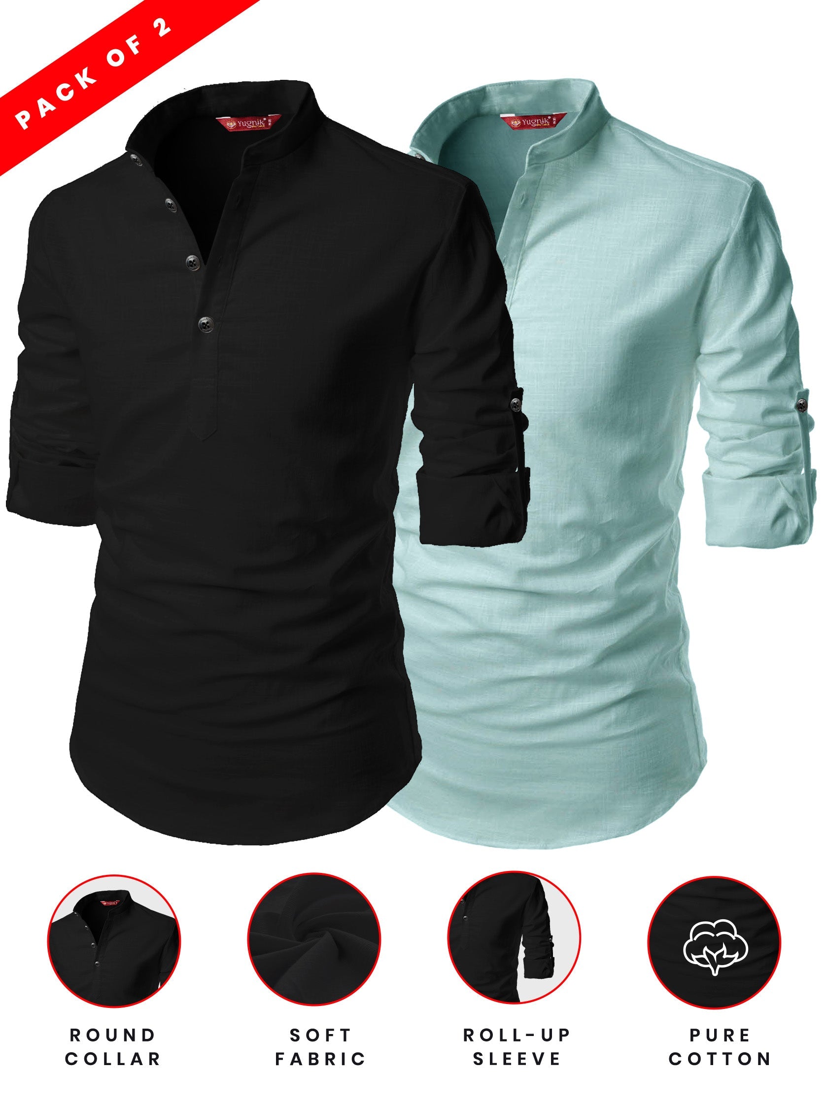 FireFish Men's Slim Fit Light Beige With Black Color Cotton Short Kurta Pack 2