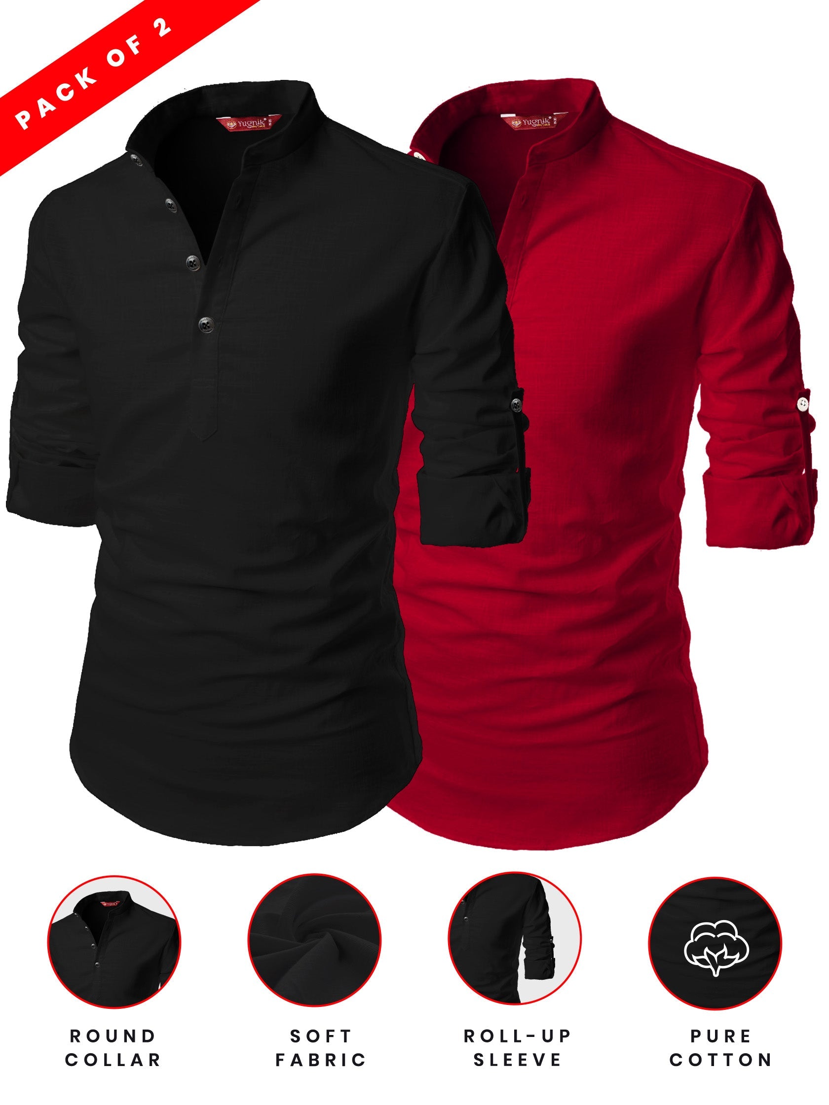 FireFish Men's Slim Fit Peach With Black Color Cotton Short Kurta Pack 2