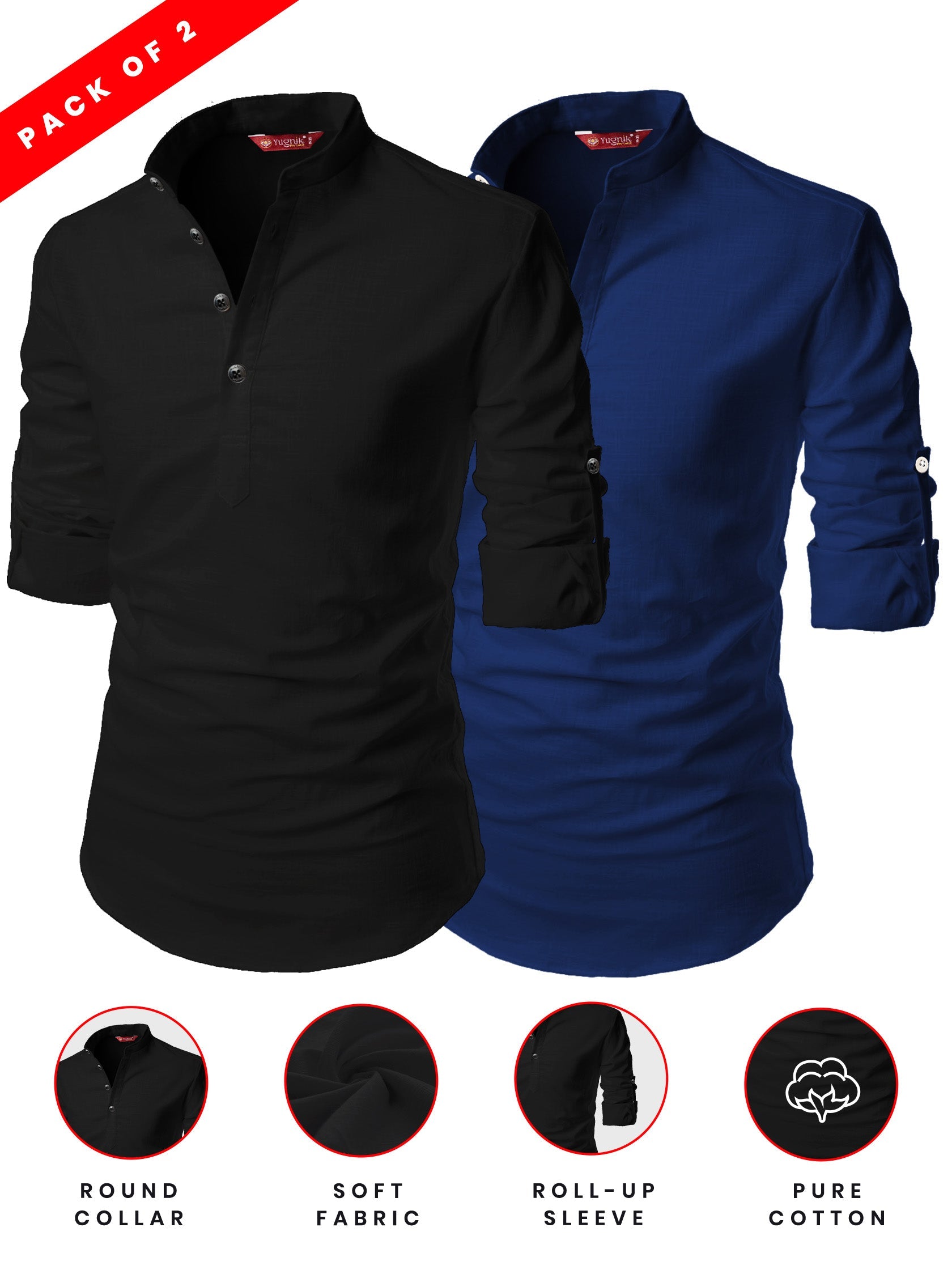 FireFish Men's Slim Fit Peach With Black Color Cotton Short Kurta Pack 2