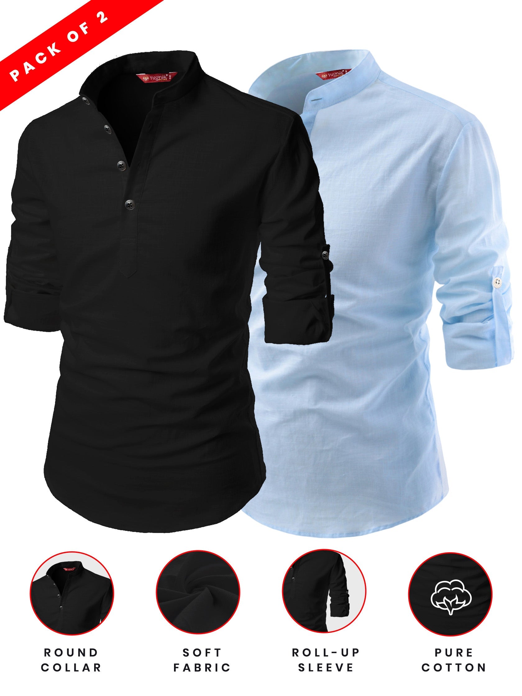 FireFish Men's Slim Fit Peach With Black Color Cotton Short Kurta Pack 2
