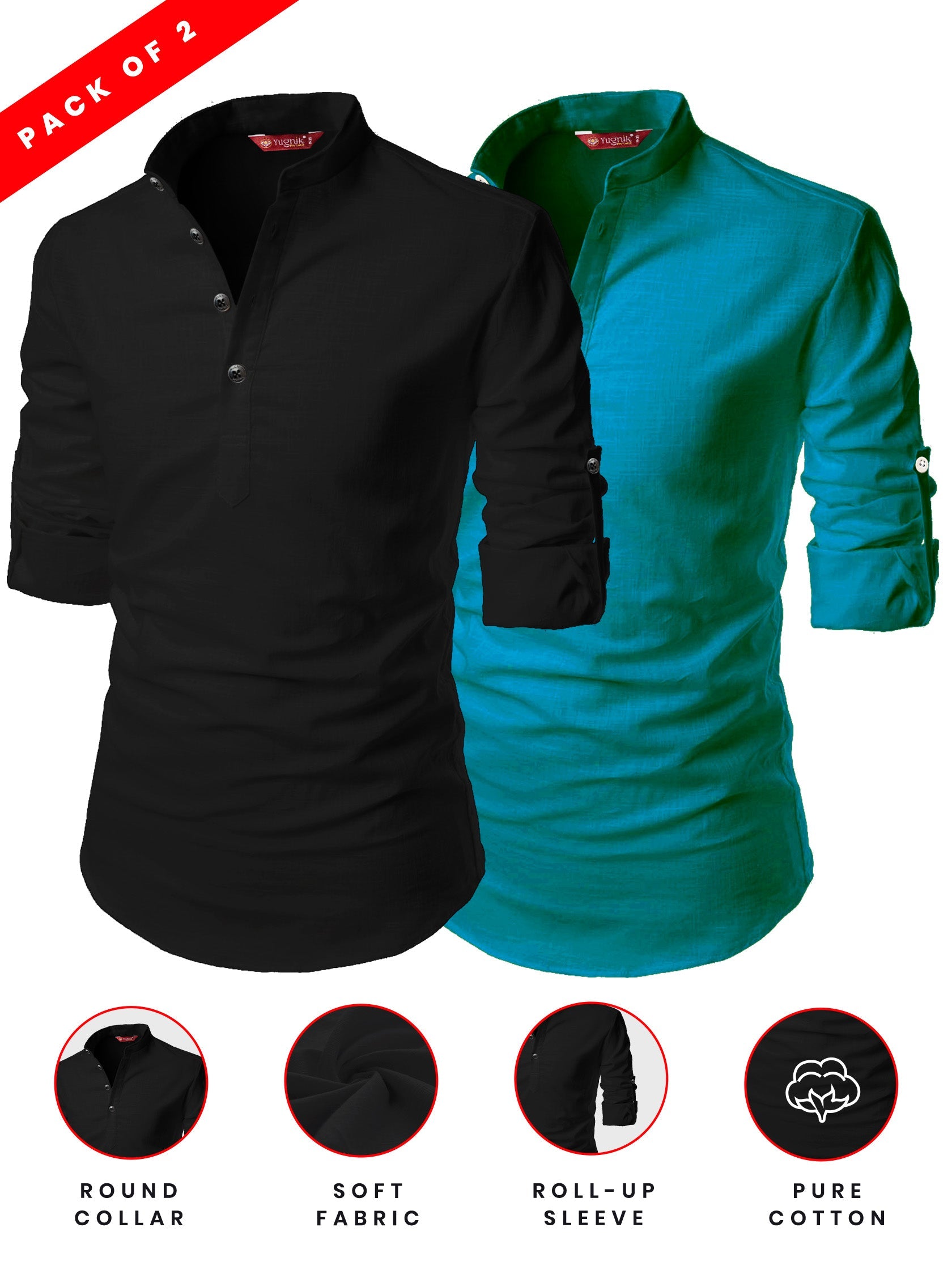 FireFish Men's Slim Fit Peach With Black Color Cotton Short Kurta Pack 2