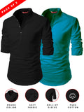 FireFish Men's Slim Fit Peach With Black Color Cotton Short Kurta Pack 2